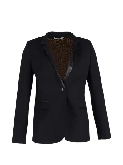Pre-owned Sandro Leather-collar Blazer In Black