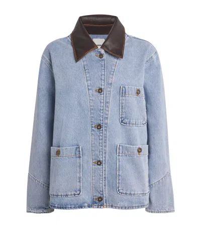 Sandro Leather Collar Denim Jacket In Gold