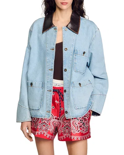 SANDRO LEATHER COLLAR DENIM JACKET