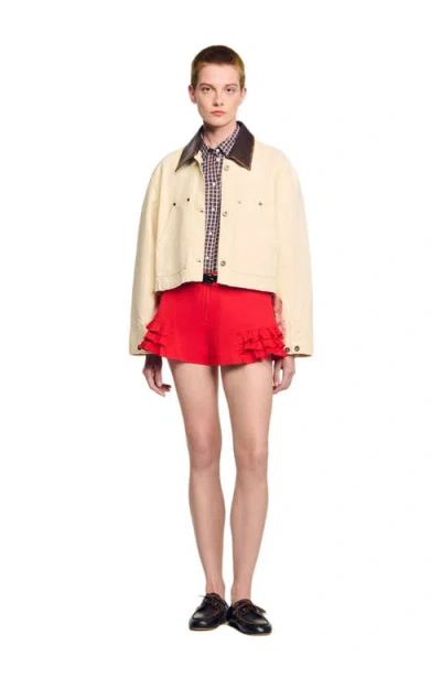 SANDRO SANDRO LEATHER COLLAR WORKWEAR JACKET