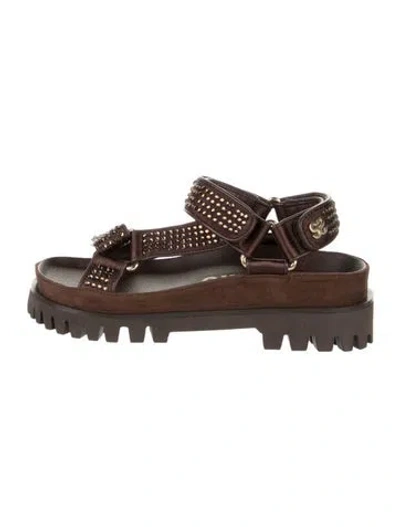 Pre-owned Sandro Leather Crystal Embellishments Slingback Sandals W/ Tags In Brown