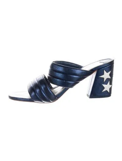 Pre-owned Sandro Leather Graphic Print Slides In Blue/metallic