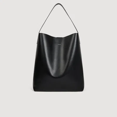Sandro Leather Hobo Bag With Logo In Black