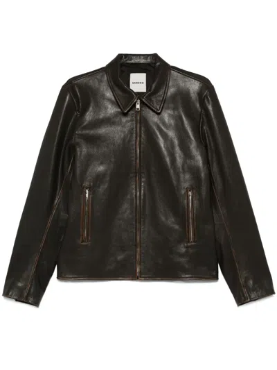 Sandro Leather Jacket In Brown