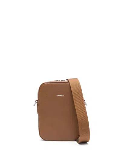 Sandro Leather Messenger Bag In Brown
