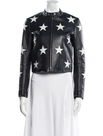 Pre-owned Sandro Leather Printed Biker Jacket In Blue