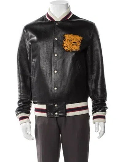 Pre-owned Sandro Leather Striped Varsity Jacket In Black
