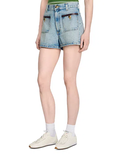 Sandro Leather Trim Denim Shorts In Blue
