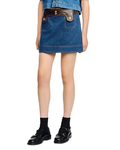 Sandro Leather Trim Mini Denim Skirt In Blue