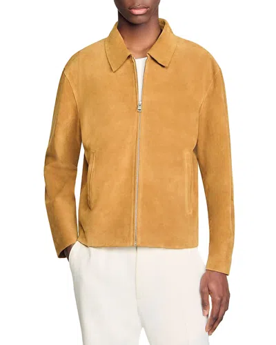 Sandro Leather Zip Front Jacket In Yellow