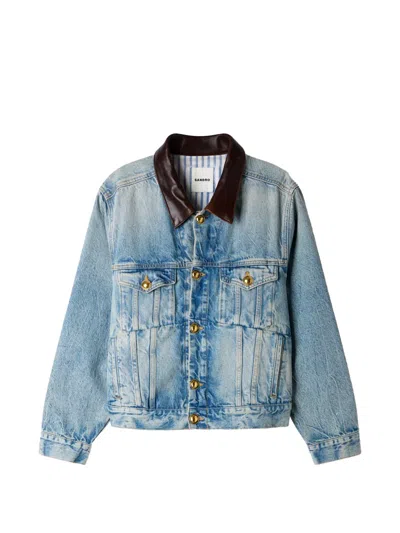 Sandro Leather-collar Button-up Denim Jacket In Blue