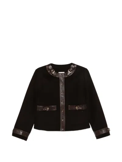 Sandro Leather-trim Buckle-detail Jacket In Brown