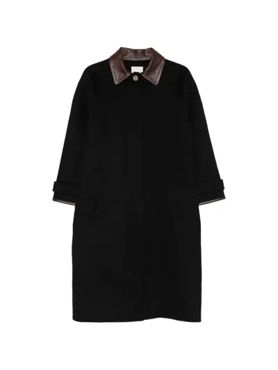 Sandro Leather-trim Wool Coat In Black