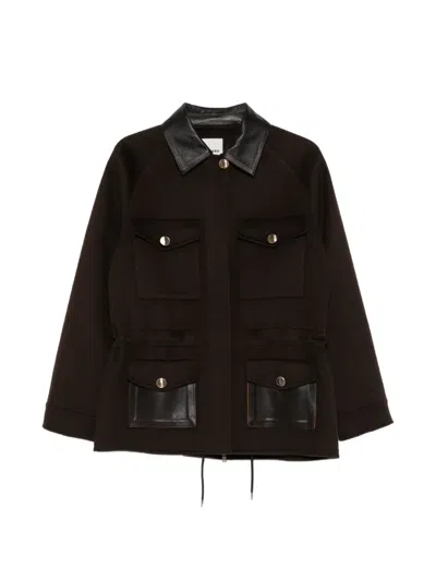 Sandro Leather-trim Wool Coat In Brown