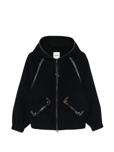 Sandro Leather-trimmed Hooded Jacket In Blue