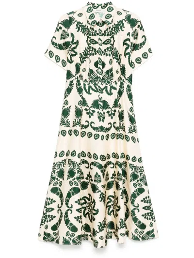 Sandro Leaves-print Maxi Dress In Ecru/green