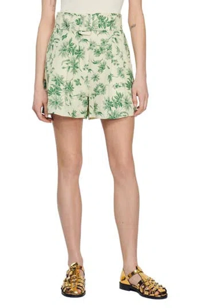 Sandro Leman Floral Belted Linen Blend Shorts In Green