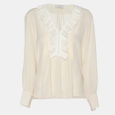 Pre-owned Sandro Light Beige Crepe Ruffle Trip Long Sleeve Shirt S In Sand