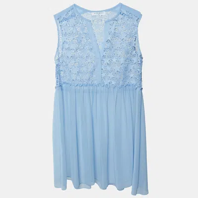 Pre-owned Sandro Light Blue Star Lace And Chiffon Sheer Sleeveless Mini Dress L