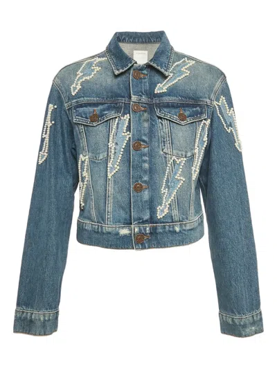 Pre-owned Sandro Lightning Beadwork Denim Jacket In Blue