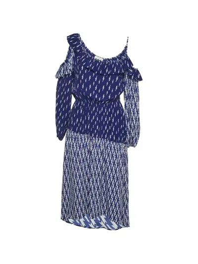 Pre-owned Sandro Lightning Bolt-print Cold-shoulder Midi Dress In Blue