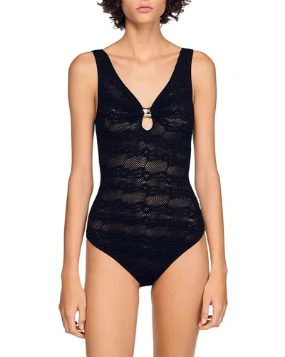 Sandro Lily Embellished Knit Leotard In Blue