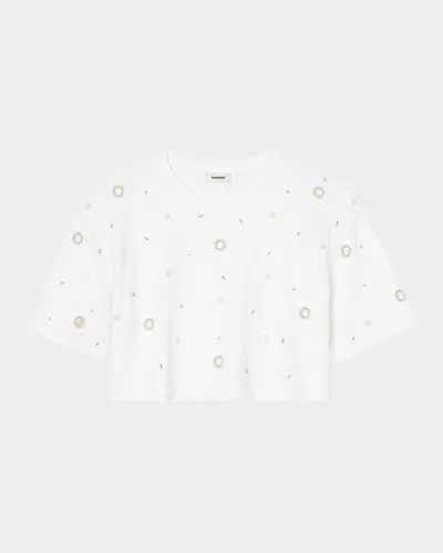 Sandro Womens Naturels Pearl-beaded Cropped Cotton T-shirt