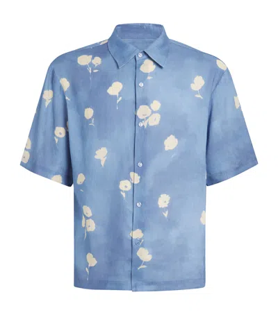 Sandro Linen-blend Floral Short-sleeve Shirt In Blue