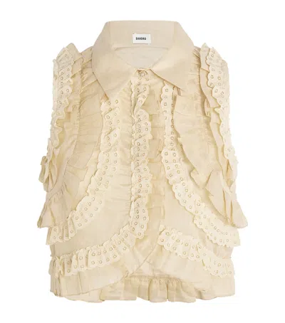 Sandro Linen-blend Ruffled Blouse In Beige