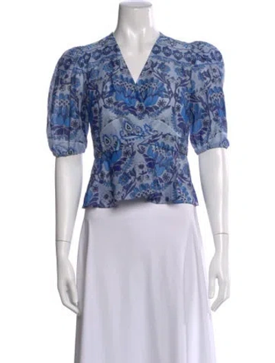 Pre-owned Sandro Linen Floral Print Blouse In Blue