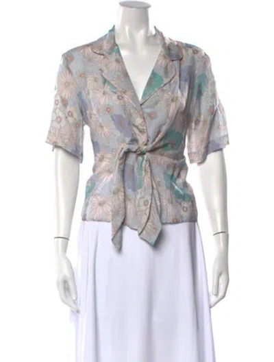 Pre-owned Sandro Linen Floral Print Blouse W/ Tags In Blue