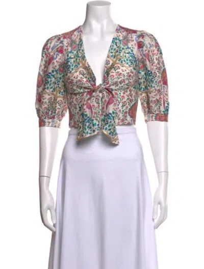Pre-owned Sandro Linen Floral Print Crop Top In White