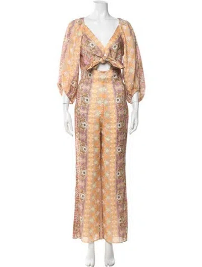 Pre-owned Sandro Linen Floral Print Jumpsuit W/ Tags In Multicolor