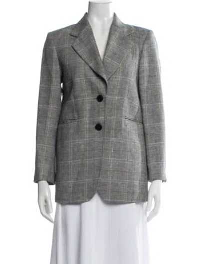 Pre-owned Sandro Linen Plaid Print Blazer In Blue/grey