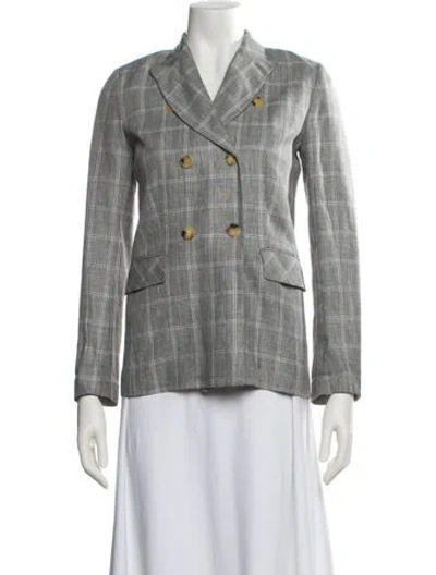 Pre-owned Sandro Linen Plaid Print Blazer In Green