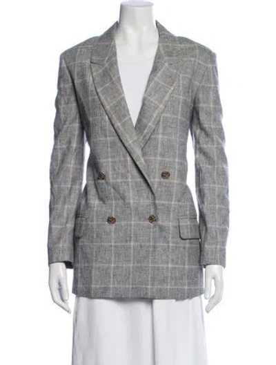 Pre-owned Sandro Linen Plaid Print Blazer W/ Tags In Blue