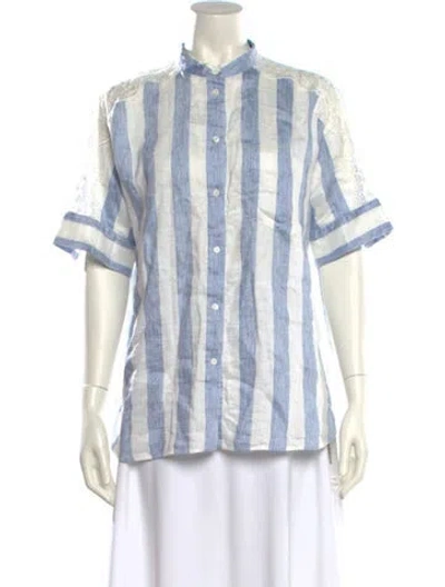 Pre-owned Sandro Linen Plaid Print Button-up Top In Blue