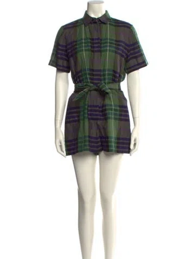 Pre-owned Sandro Linen Plaid Print Romper In Green