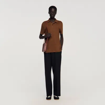 Sandro Beach Linen Polo Shirt In Brown