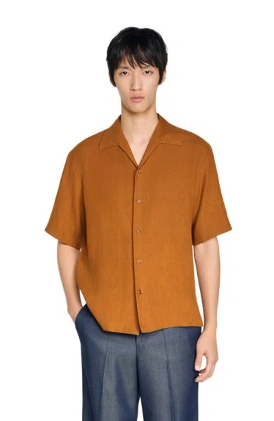 Sandro Classic Fit Shark Collar Linen Shirt In Brown