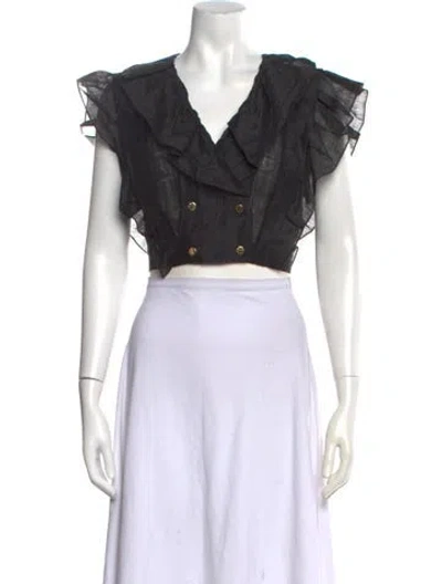 Pre-owned Sandro Linen V-neck Crop Top In Black