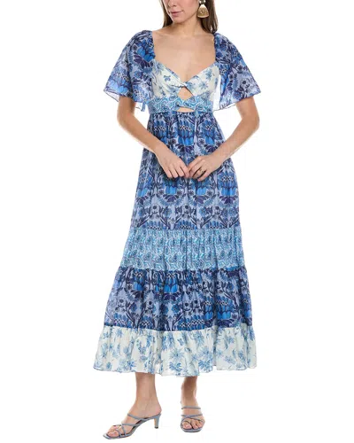 Sandro Short Sleeve Tiered Linen Blend Maxi Dress In Blue