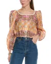 Sandro Print Blouson Linen Blend Top In Multi