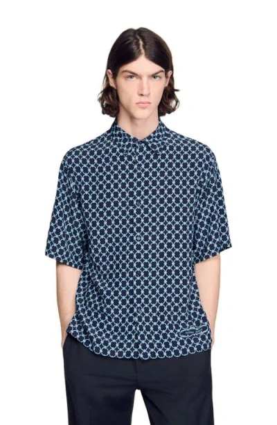 Sandro Link Print Loose-fit Shirt In Blue