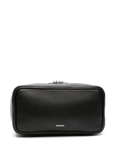 Sandro Logo-print Leather Wash Bag In Black