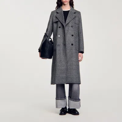 Sandro Long Checked Coat In Gray
