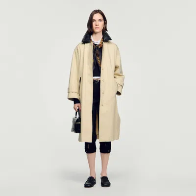 Sandro Long Coat With Leather Collar In Neutral