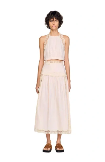 Sandro Womens Contrast-trim High-rise Cotton Maxi Skirt Light Pink