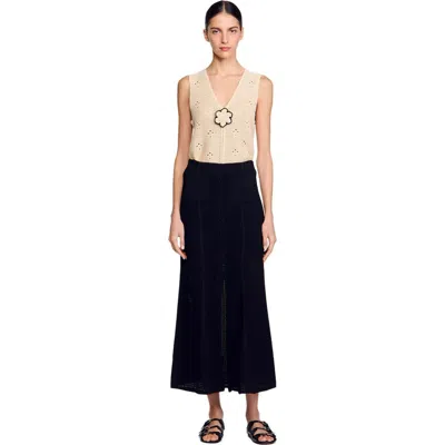 Sandro Long Decorative Knit Skirt In Black