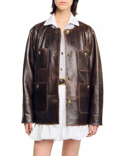 Sandro Long Distressed Leather Jacket In Multi